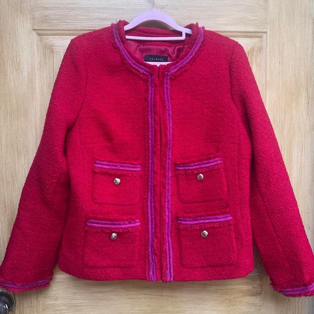 Talbots red Bouclé Tweed Jacket Pink Trim 4 Pocket Blazer